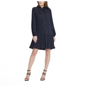 DKNY Long Sleeve Tie Neck Pleated Shift Dress